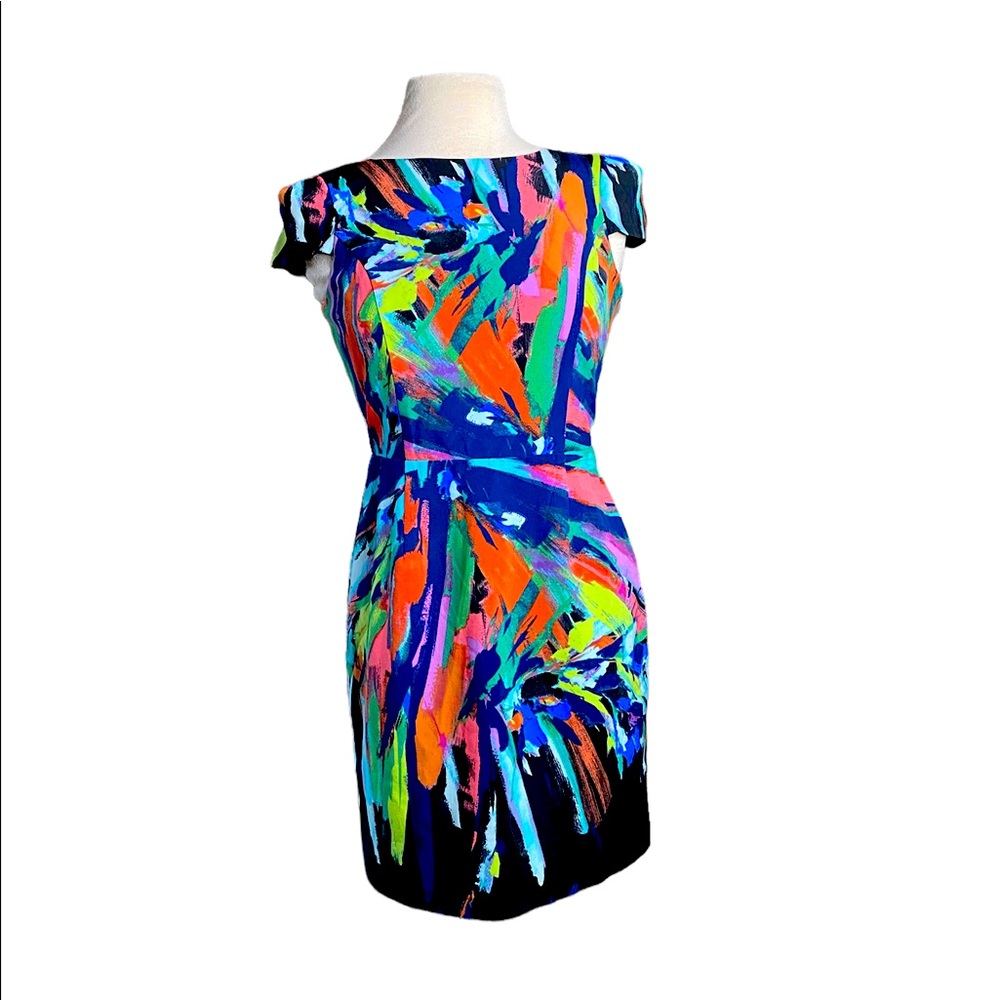 Maia bold colorful dress, cut out back, cap sleeves, side hidden zip size: 4 - Picture 1 of 12